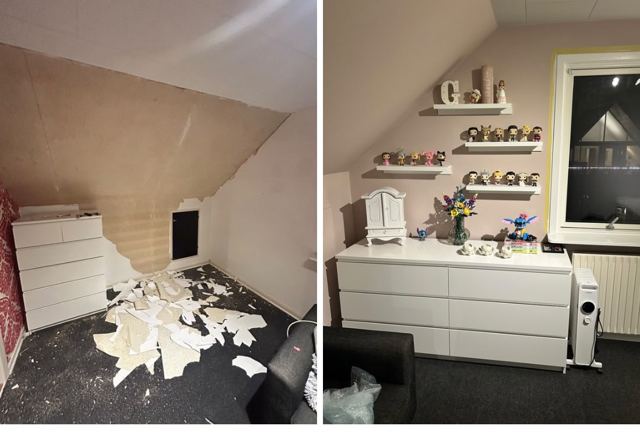 Spartel og loftmaling i Horsens, før og efter